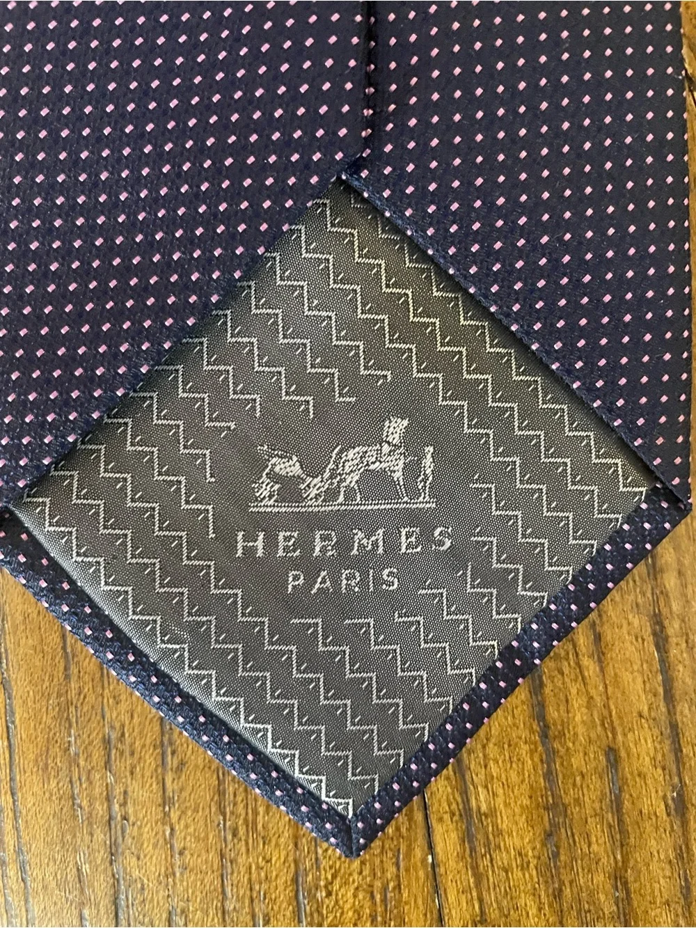 Hermes Navy Silk Tie with Pink Microdot Detail